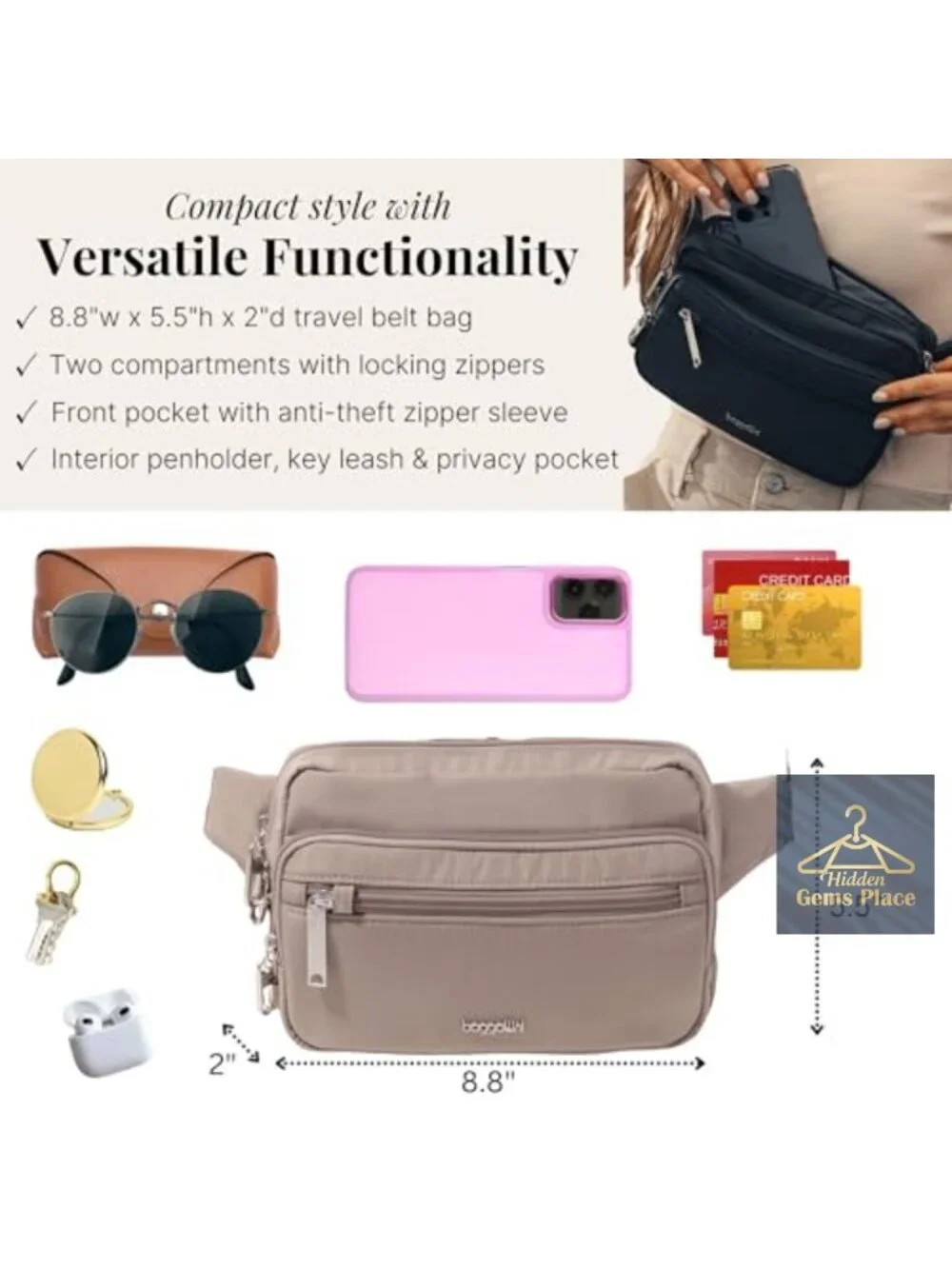 Anti-theft Belt Bag with RFID Protection and Locking Zippers